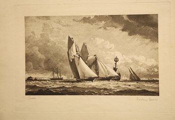 ORIGINAL ANTIQUE BARLOW MOORE ETCHING ON PAPER 'A YACHT RACE'