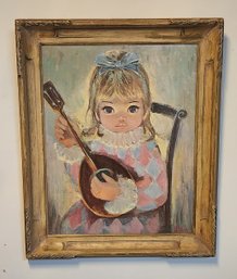 MID CENTURY BIG EYED HARLEQUIN GIRL PRNT ON CANVAS BOARD BY SHERLE