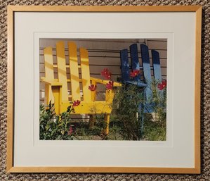 FRAMED PRINT 'ADIRONDACK CHAIRS AMONG THE FLOWERS' BY J. MONTECALVO