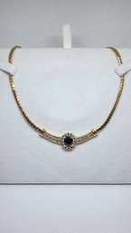 VINTAGE 16' SAPPHIRE AND RHINESTONE GOLD TONE COLLAR NECKLACE