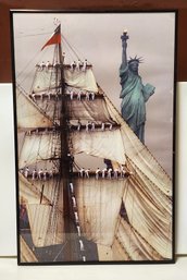 FRAMED PRINT OF CHILEAN TALL SHIP ESMERALDA SAILING PAST THE STATUE OF LIBERTY JULY 2000