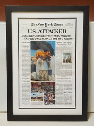 FRAMED PRINT OF NEW YORK TIMES NEWSPAPER HEADLINE OF SEPTEMBER 11 ATTACK