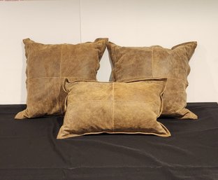 PR OF FIORE LEATHER SUEDE BROWN THROW PILLOWS AND LUMBAR PILLOW