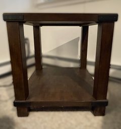 RUSTIC SIDE TABLE WITH BLACK IRON CORNER BRACKETS