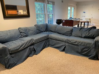 2 PC MITCHELL GOLD SLEEPER SECTIONAL FOR POTTERY BARN WITH DENIM COVERS