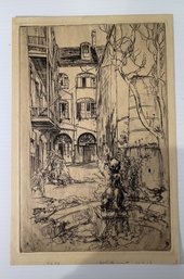 ANTIQUE EARL HORTER ETCHING ON PAPER 'COURTYARD WITH FOUNTAIN'