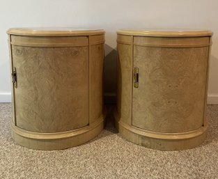 PR OF 1980S DREXEL HERITAGE BURL DRUM NIGHT STANDS