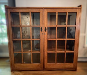 POTTERY BARN OAK MISSION STYLE DOUBLE GLASS DOOR BOOKCASE