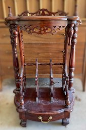 VINTAGE MAHOGANY FRETWORK MAGAZINE RACK-ACCENT TABLE WITH DRAWER