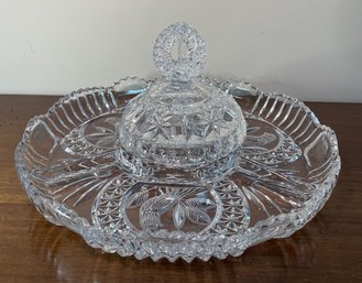 12 INCH HOFBAUER BYRDES CRYSTAL 4 WAY DIVIDED RELISH DISH  WITH LID