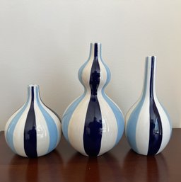 JONATHAN ADLER BLUE STRIPED VASE TRIO