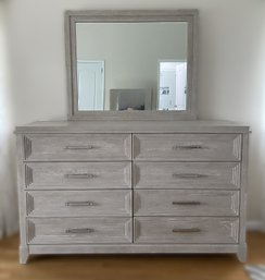LIBERTY FURNITURE BELMAR 8 DRAWER DRESSER WITH MIRROR IN WASHED TAUPE AND SILVER CHAMPAGNE