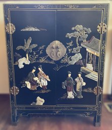 ANTIQUE CHINOISERIE BLACK LACQUER HAND PAINTED CABINET