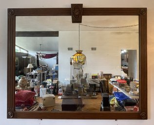 RUSTIC WOODEN FRAME MIRROR WITH COAT OF ARMS DESIGN