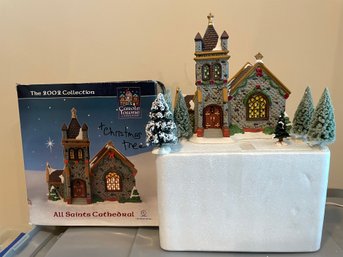 LEMAX ALL SAINTS LIGHTED CATHEDRAL WITH TREES AND LIGHTED CHRISTMAS VILLAGE HOUSE