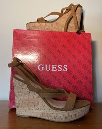 GUESS CORK WEDGE ANKLE TIE SANDALS SIZE 7-1/2M
