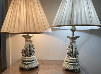 PAIR OF ORNATE MOTHER DAUGHTER FIGURINE PORCELAIN TABLE LAMP