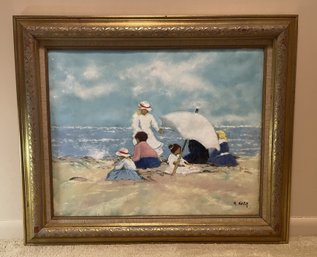 MAX KARP ORIGINAL ENAMEL ON COPPER PAINTING 'FAMILY AT THE BEACH'