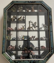 MIRRORED DISPLAY CASE WITH ASSORTED DECOR FEATURING 2 PC RAWCLIFFE PEWTER DRAGON HATCHING OUT OF EGG AND MID C