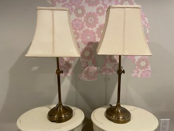 PR OF BRASS POTTERY BARN TABLE LAMPS WITH SILK SHADES