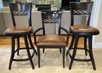 PAIR OF DINEC SWIVEL STOOLS AND A DINEC ARM CHAIR