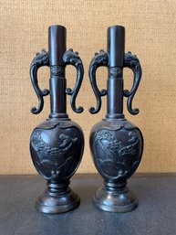 PR OF JAPANESE BRONZE VASES FEATURING BIRDS AND ELEPHANT HEAD HANDLES