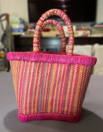 MULTI-COLORED PINK WICKER BRAIDED TOTE BAG