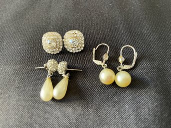 VINTAGE 3 PR COLLECTION OF RHINESTONE AND PEARL EARRINGS