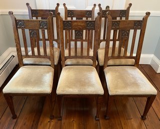 6 PC SET OF ANTIQUE HAND CARVED ENGLISH ART NOUVEAU DINING CHAIRS