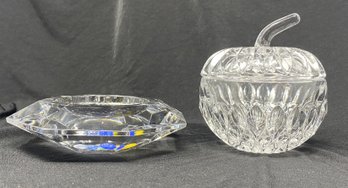 CLEAR GLASS DISH AND CUT CRYSTAL LIDDED APPLE DISH