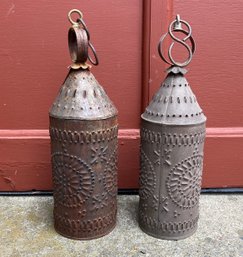 PAIR OF ANTIQUE COLONIAL STYLE PUNCHED LANTERNS