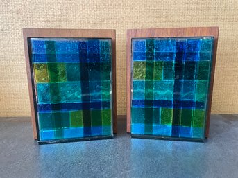 PAIR OF STAINED GLASS WOODEN BOOKENDS