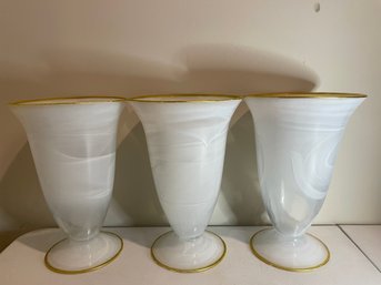 3PC SET OF VIETRI ALABASTER WHITE GOLD EDGE MEDIUM FOOTED VASES