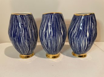 3 PC RUAN HOFFMAN GLAZED BLUE STRIPED GOLD RIMMED VASES FOR ANTHROPOLOGIE