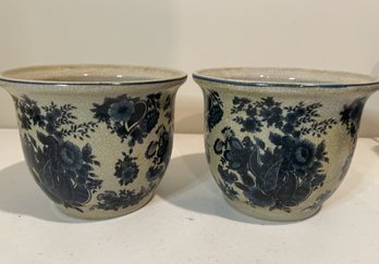 PR OF VINTAGE CRACKLE GLAZE BLUE AND WHITE FLORAL PLANTERS