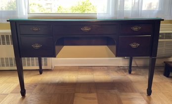 VINTAGE MAHOGANY DESK WITH PROTECTIVE GLASS