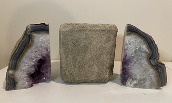 PR OF AGATE-AMETHYST GEODES AND SQUARE STONE PLANTER