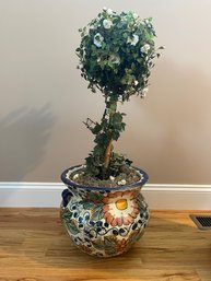 FAUX WHITE BLOSSOM TREE WITH DECORATIVE FLORAL PLANTER POT