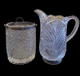 PAIR OF CRYSTAL GLASS ICE BUCKET AND PITCHER