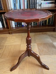 VINTAGE MAHOGANY EMBOSSED LEATHER TOP WINE TABLE FROM THE BOMBAY COMPANY