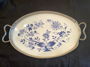 PORCELEYNE FLES HANDMADE BLUE AND WHITE DELFTWARE METALLIC RIM AND HANDLE PLATTER WITH STAND