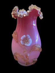 VICTORIAN STYLE FLORAL OVERLAY DECORATED PINK ART GLASS VASE