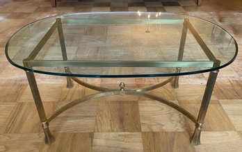 MCM OVAL GLASS TOP COFFEE TABLE WITH BRASS BASE