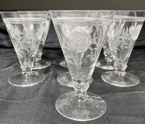 SET OF 7 ROSE ETCHED CORDIAL GLASSES