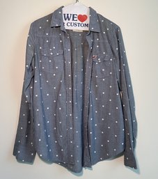 HOLLISTER WHITE POLKA DOT BUTTON DOWN BLUE SHIRT SIZE X-TRA SMALL