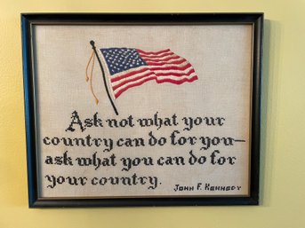 FRAMED NEEDLEWORK ART OF JFK QUOTE FROM INAUGURAL SPEECH