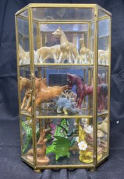 DISPLAY CASE WITH ASSORTED ANIMAL FIGURINES