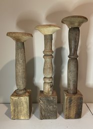 SET OF 3 VINTAGE RUSTIC WOODEN PILLAR CANDLE HOLDERS