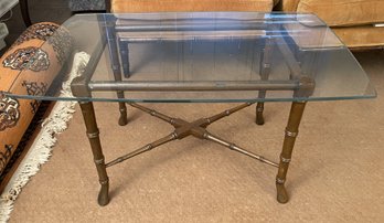 MID CENTURY FAUX BAMBOO GLASS TOP COFFEE TABLE