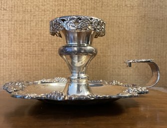 SILVER PLATED ORNATE GRAPEVINE CANDLE HOLDER WITH HANDLE